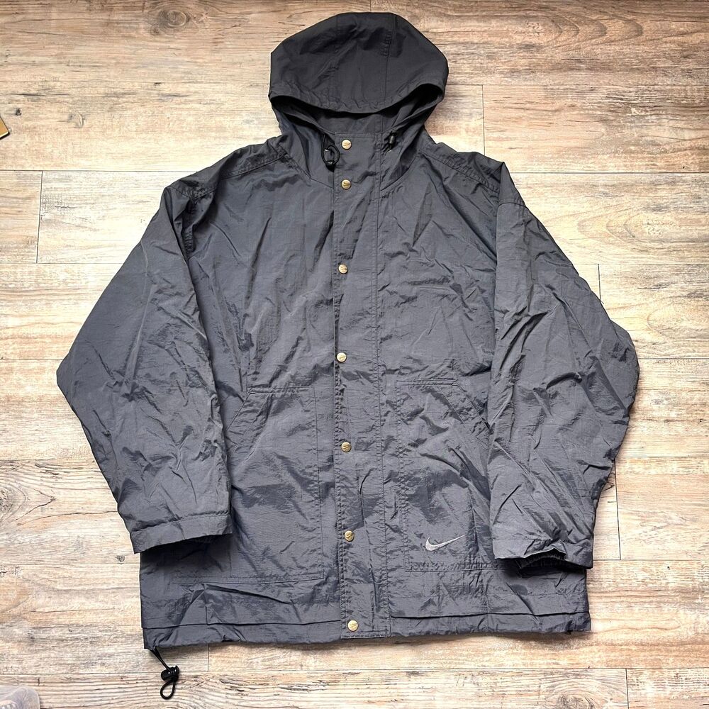 Vintage Nike Windbreaker 90s Jacket Mens Medium Gray Hooded Swoosh 1996 Street